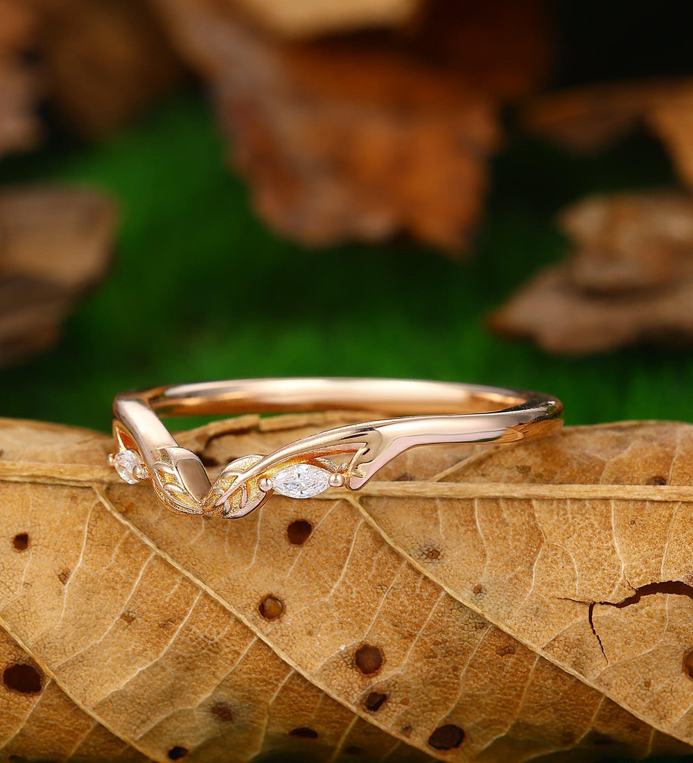 Curved V Shaped 0.09ct Moissanite 14k Gold Stacking Matching Unique Leaf Wedding Band - Esdomera