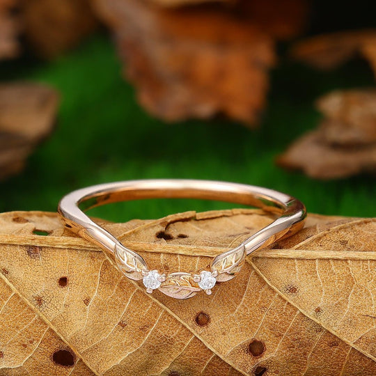 Curved V Shaped Moissanite Wedding Band 14k 18k Rose Gold Art Deco Unique Leaf Wedding Ring Band - Esdomera
