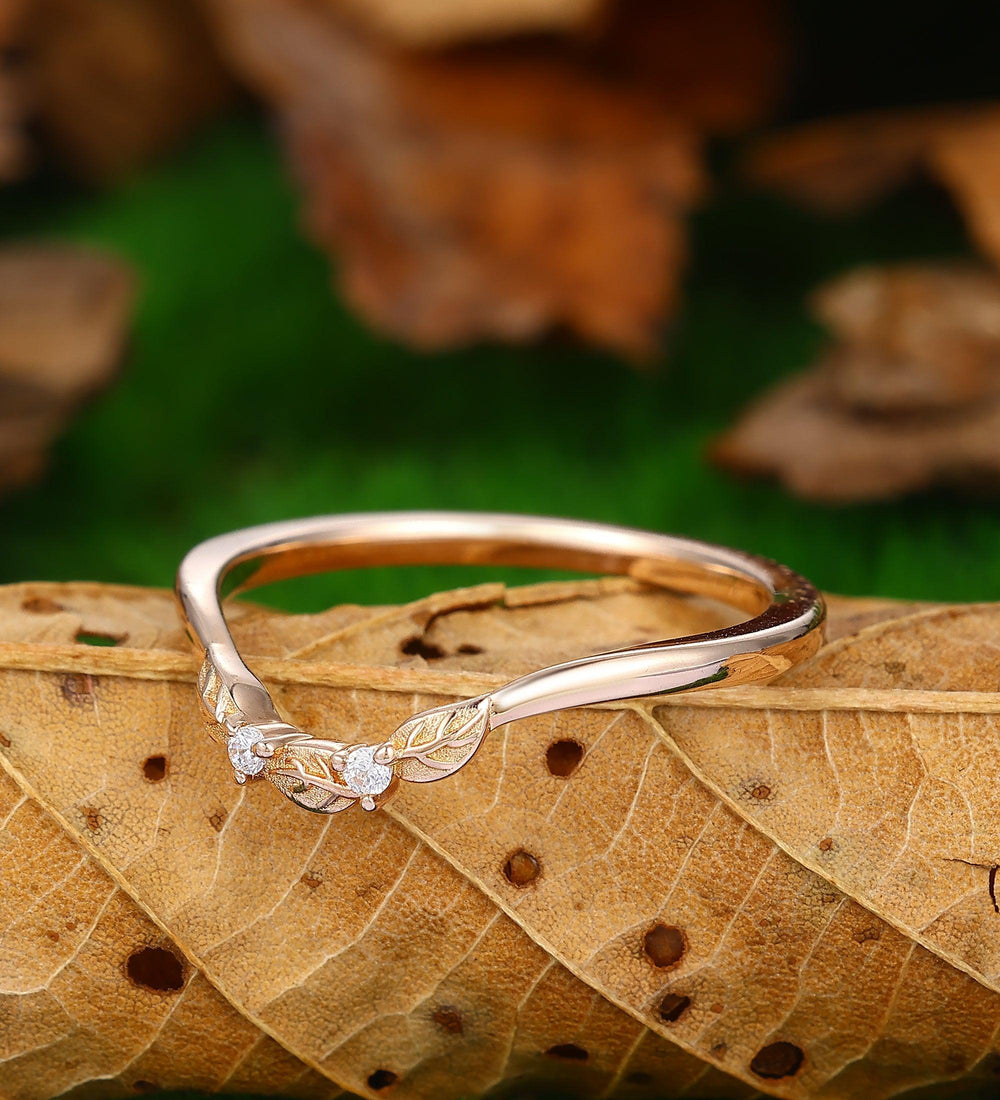 Curved V Shaped Moissanite Wedding Band 14k 18k Rose Gold Art Deco Unique Leaf Wedding Ring Band - Esdomera