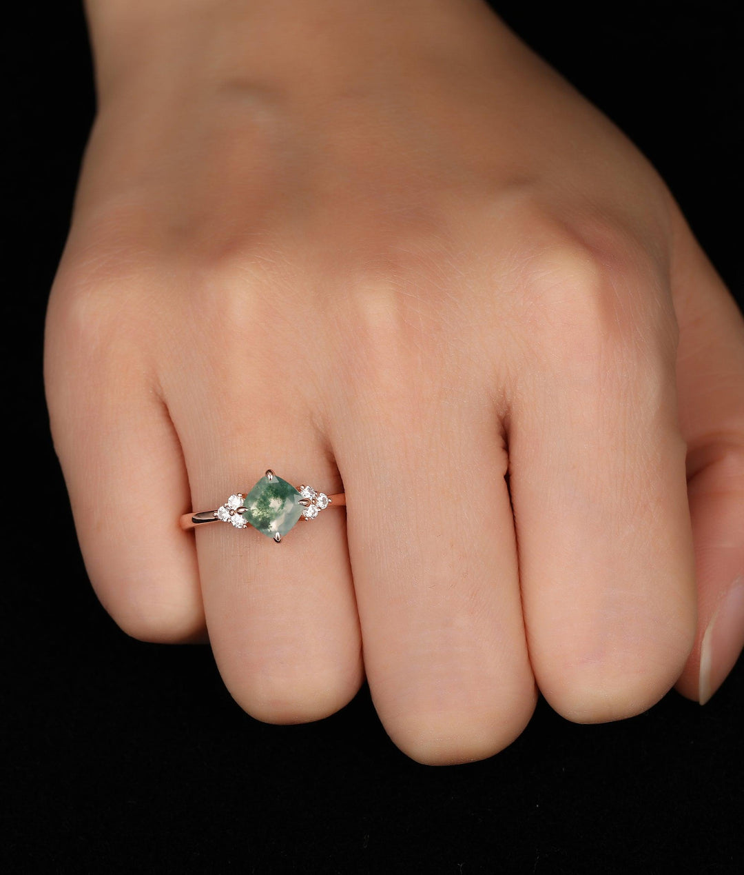 Cushion Green Moss Agate Engagement Ring, Rose Gold Art Deco Bridal Wedding Ring Women - Esdomera