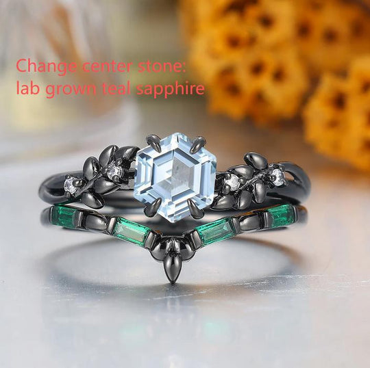 Custom Order - Hexagon Cut Teal Sapphire Engagement Ring Set