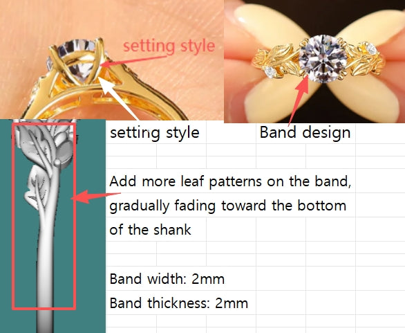 Custom Order - Double Prongs Leaf Engraved Round Stone Engagement Ring