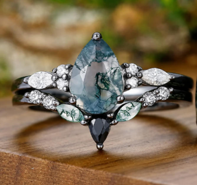 Custom Order - Pear Green Moss Agate Ladies Ring Set
