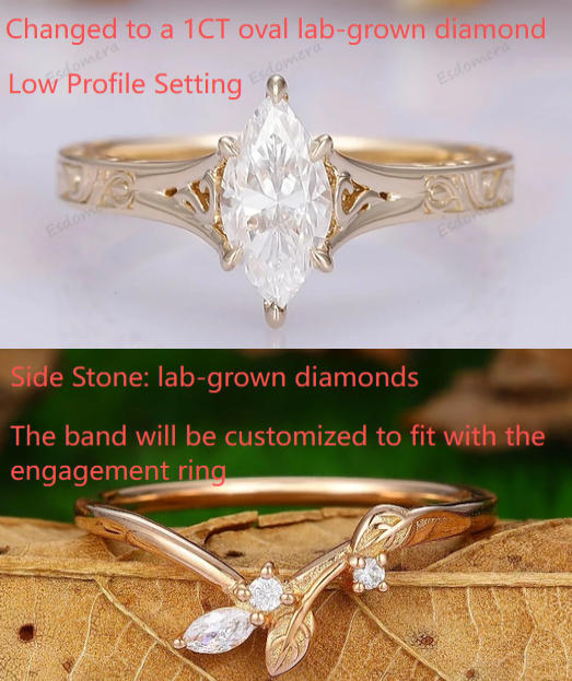 Custom Order - Vine Design 1CT Oval Lab-grown Diamond Ring Set