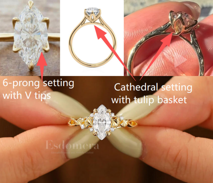 Custom Order - Ginkgo Engraved Marquise Cut Moissanite Engagement Ring