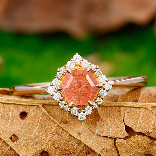 Dainty 0.55CT Hexagon Cut Floral Sunstone Ring Milgrain Moissanite Anniversary Ring - Esdomera