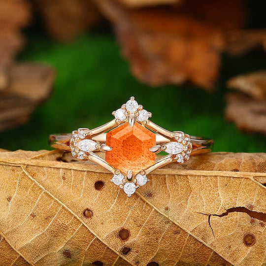 Dainty 0.8 Carat 14k Rose Gold Halo Natural Orange Sunstone Cluster Engagement Ring - Esdomera