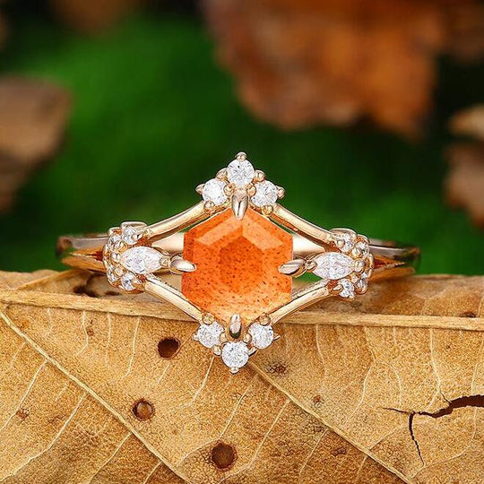 Dainty 0.8 Carat 14k Rose Gold Halo Natural Orange Sunstone Cluster Engagement Ring