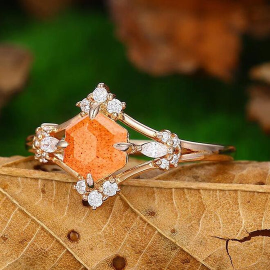 Dainty 0.8 Carat 14k Rose Gold Halo Natural Orange Sunstone Cluster Engagement Ring