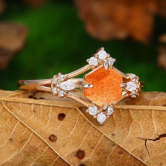 Dainty 0.8 Carat 14k Rose Gold Halo Natural Orange Sunstone Cluster Engagement Ring