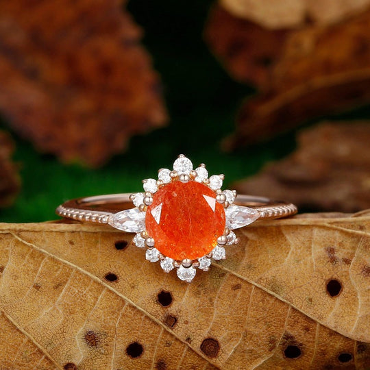 dainty 1.25ct round cut orange sunstone nature inspired sunstone rose gold sunburst halo Ring - Esdomera