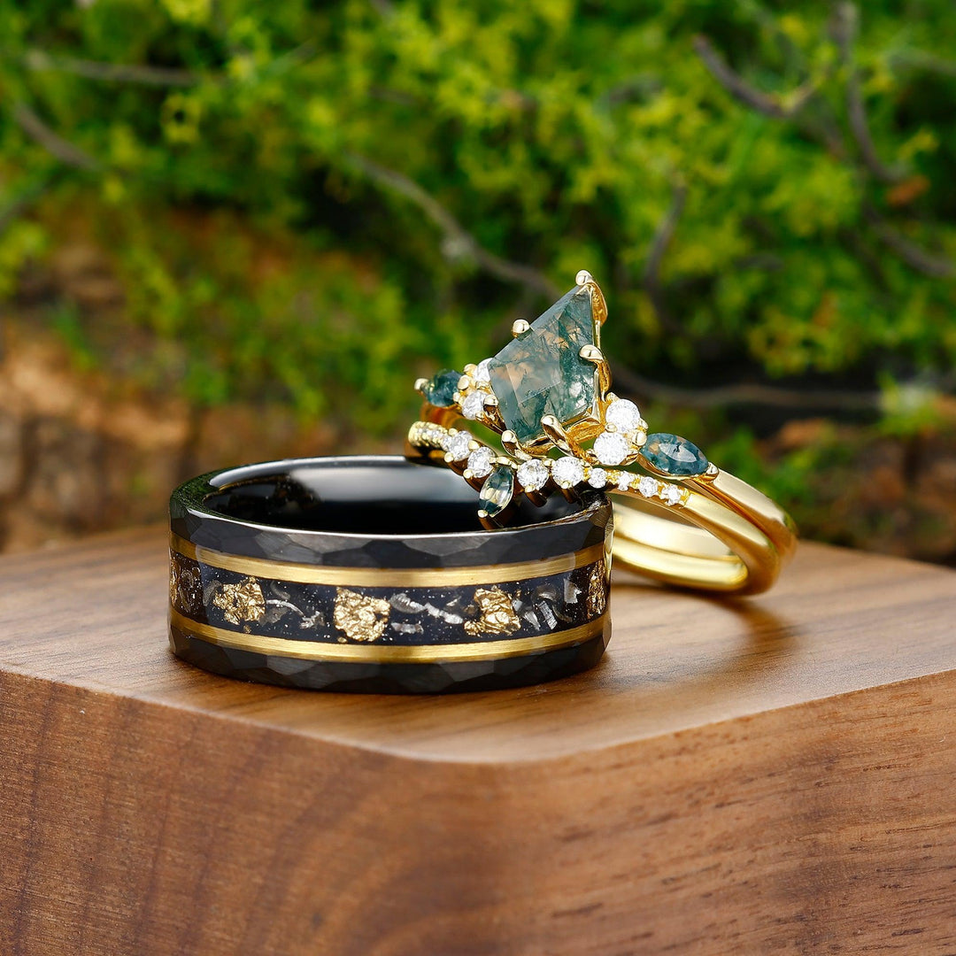 Dainty 1.35CT Kite Cut Moss Agate Couples Ring Set Silver And Black Gold Foil Tungsten Matching Ring - Esdomera