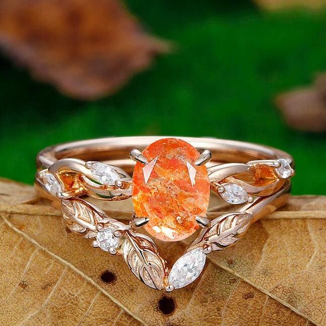 Dainty 1.5 CT Oval Shaped Natural Sunstone Ring Set  Rose Gold Leaf Twig Band