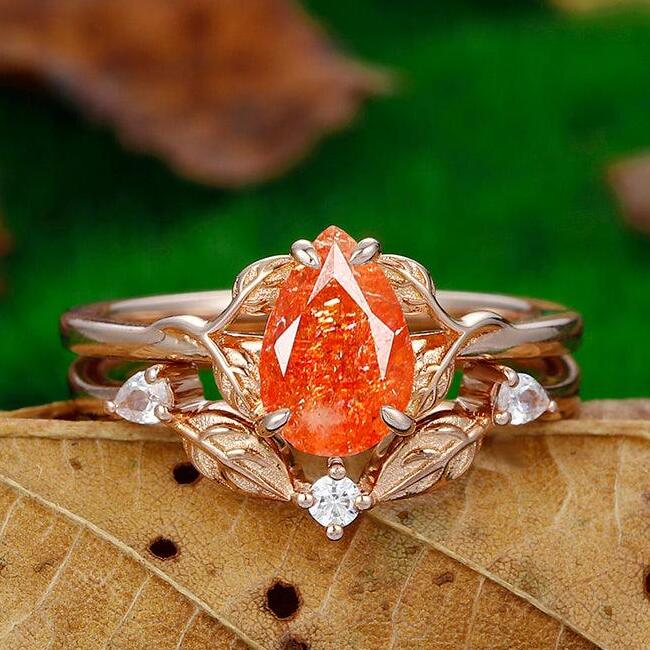 Dainty 1.5 CT Pear Cut Solitaire Nature Sunstone Leaf Bridal Ring Set