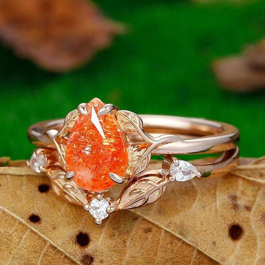 Dainty 1.5 CT Pear Cut Solitaire Nature Sunstone Leaf Bridal Ring Set