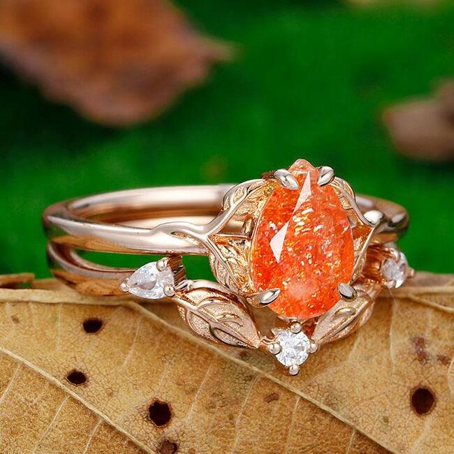 Dainty 1.5 CT Pear Cut Solitaire Nature Sunstone Leaf Bridal Ring Set