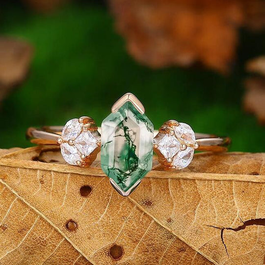 Dainty  14K Rose Gold Hexagon Moss Agate Cluster Anniversary Bridal Ring