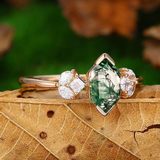 Dainty  14K Rose Gold Hexagon Moss Agate Cluster Anniversary Bridal Ring