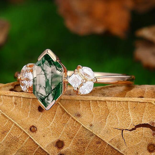 Dainty  14K Rose Gold Hexagon Moss Agate Cluster Anniversary Bridal Ring