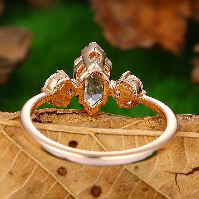 Dainty  14K Rose Gold Hexagon Moss Agate Cluster Anniversary Bridal Ring