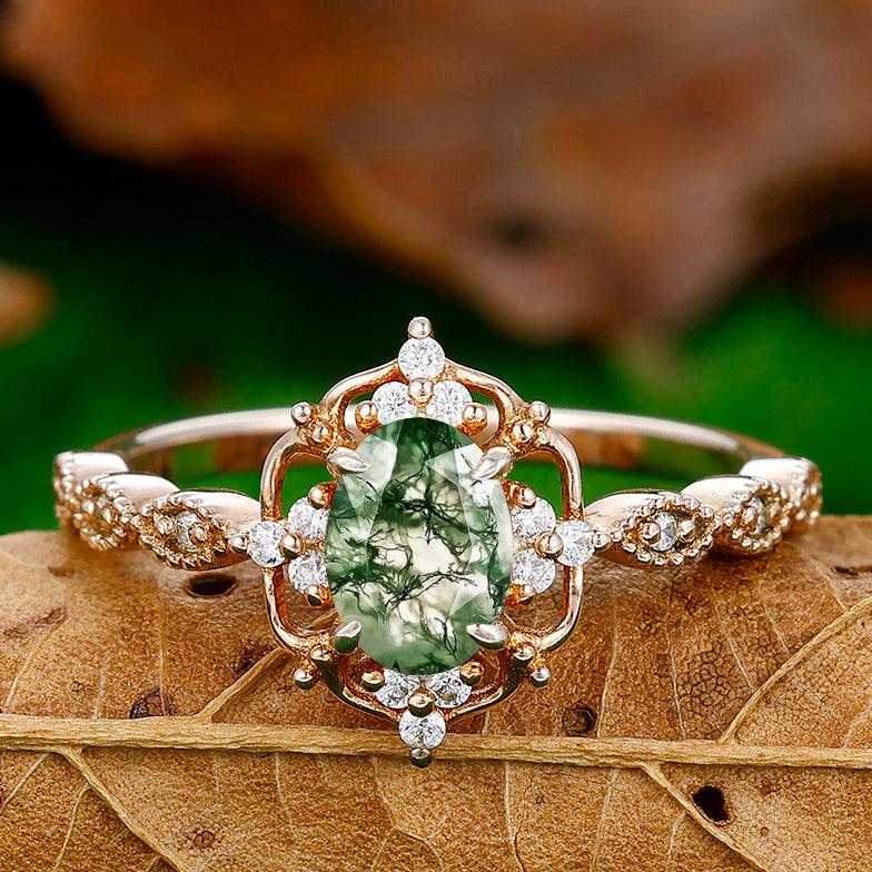 Dainty 1CT Oval Cut Moss Agate Engagement Ring Moissanite Inlaid Women Fine Ring - Esdomera