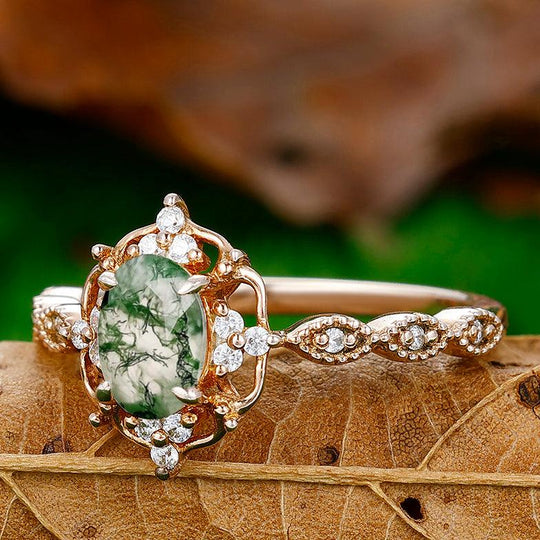 Dainty 1CT Oval Cut Moss Agate Engagement Ring Moissanite Inlaid Women Fine Ring - Esdomera