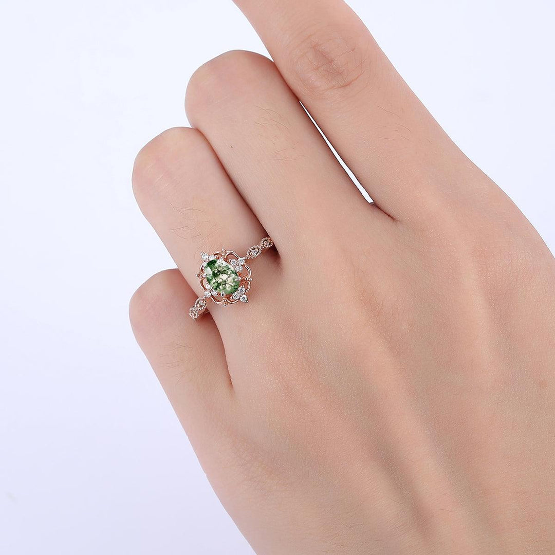 Dainty 1CT Oval Cut Moss Agate Engagement Ring Moissanite Inlaid Women Fine Ring - Esdomera