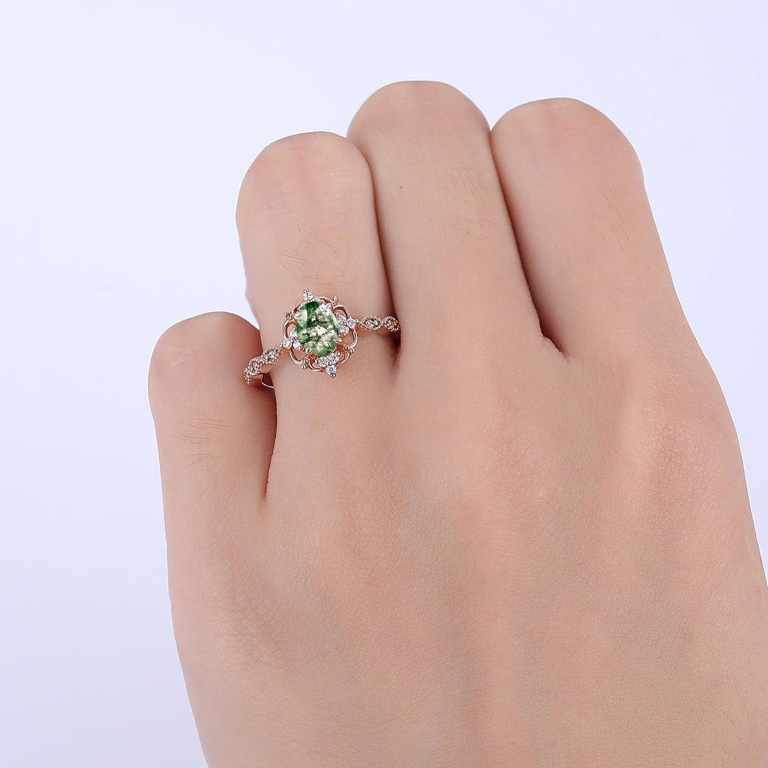 Dainty 1CT Oval Cut Moss Agate Engagement Ring Moissanite Inlaid Women Fine Ring - Esdomera