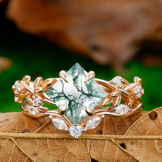 Dainty 2CT Princess Cut Moss Agate Leaf Engagement Ring Set Eternity Ring Set - Esdomera