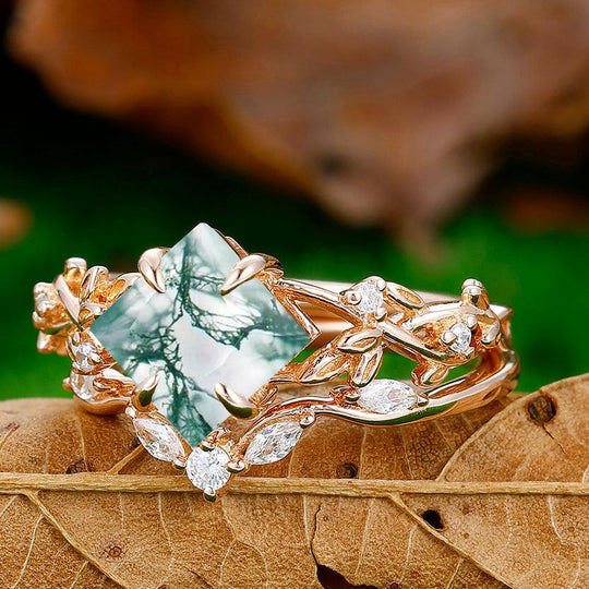 Dainty 2CT Princess Cut Moss Agate Leaf Engagement Ring Set Eternity Ring Set - Esdomera