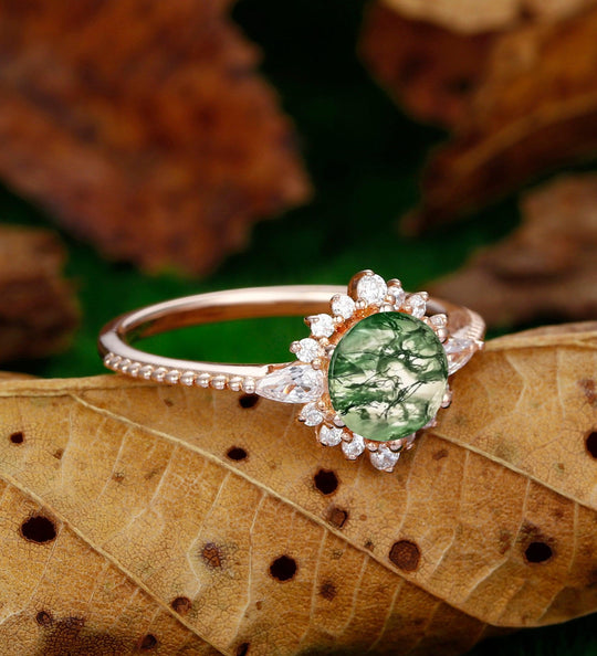 Dainty 7mm Round Shaped Natural Moss Agate Ring Sunbrust Ring Halo Moissanite Engagement Ring - Esdomera