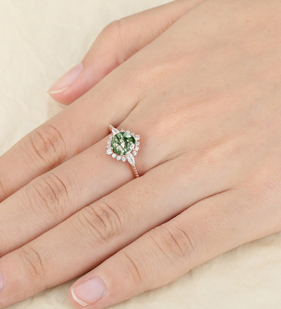Dainty 7mm Round Shaped Natural Moss Agate Ring Sunbrust Ring Halo Moissanite Engagement Ring - Esdomera
