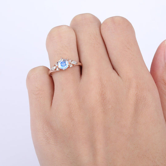 Dainty Hexagon Cut Moonstone Engagement Ring Triangle Moissanite Inlay Anniversary Ring - Esdomera