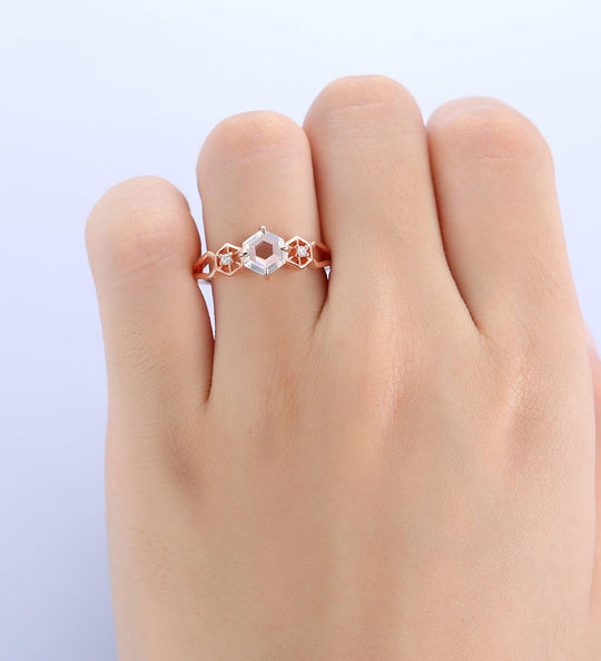 Dainty Hexagon Shaped Moissanite Ring Antique Bridal Wedding Ring Art Deco Rose Gold Ring - Esdomera