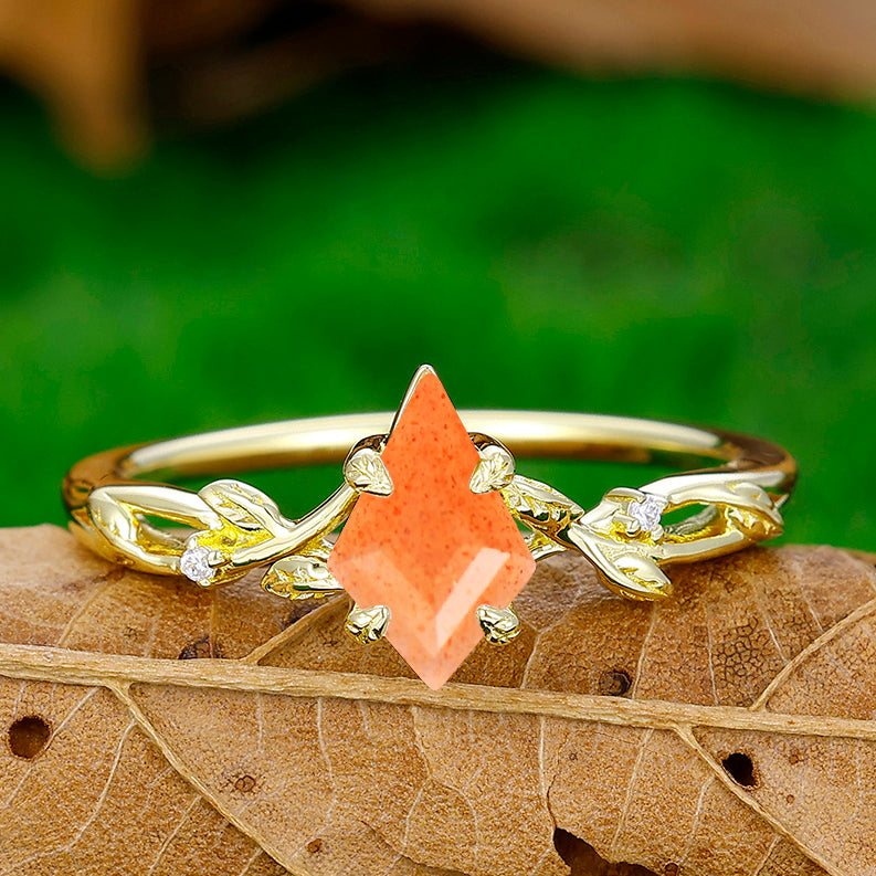 Dainty Hollow Leaves Orange Sunstone Engagement Ring Unique Promise Women Ring - Esdomera