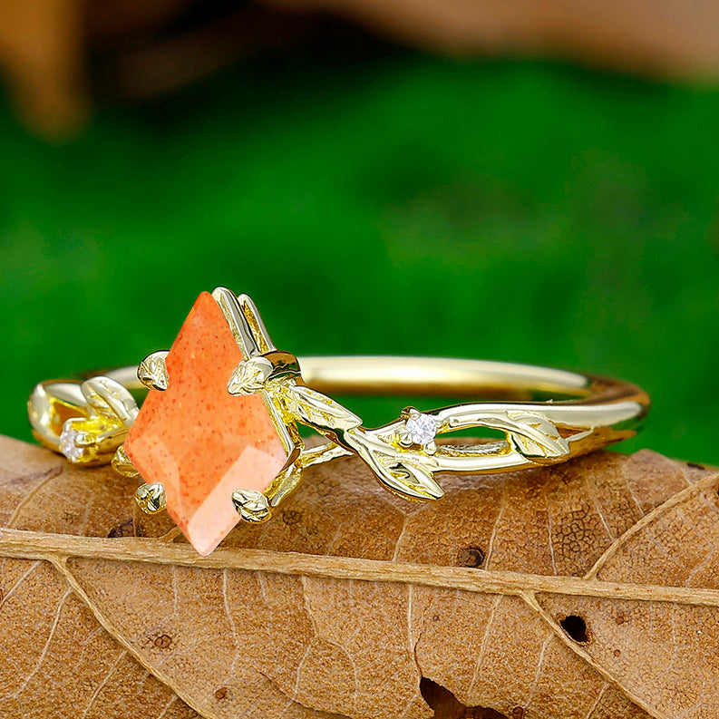 Dainty Hollow Leaves Orange Sunstone Engagement Ring Unique Promise Women Ring - Esdomera