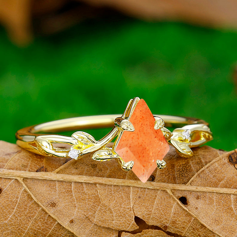 Dainty Hollow Leaves Orange Sunstone Engagement Ring Unique Promise Women Ring - Esdomera