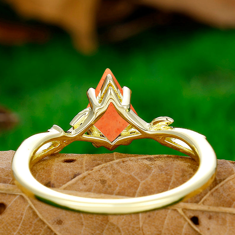 Dainty Hollow Leaves Orange Sunstone Engagement Ring Unique Promise Women Ring - Esdomera