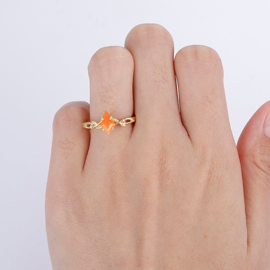 Dainty Hollow Leaves Orange Sunstone Engagement Ring Unique Promise Women Ring - Esdomera