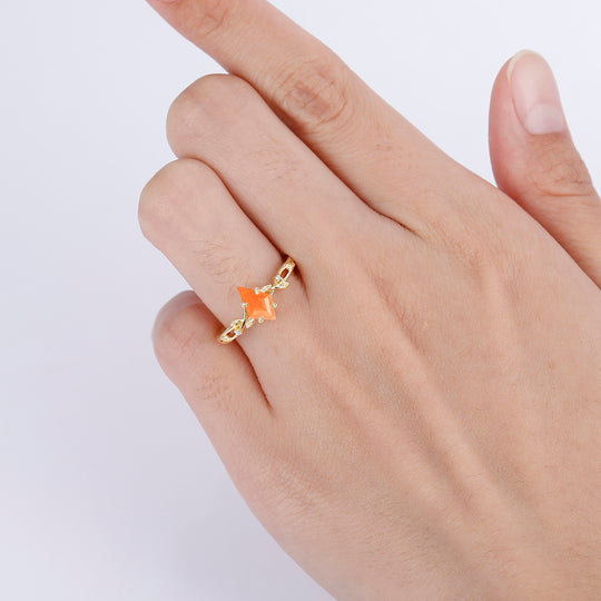 Dainty Hollow Leaves Orange Sunstone Engagement Ring Unique Promise Women Ring - Esdomera