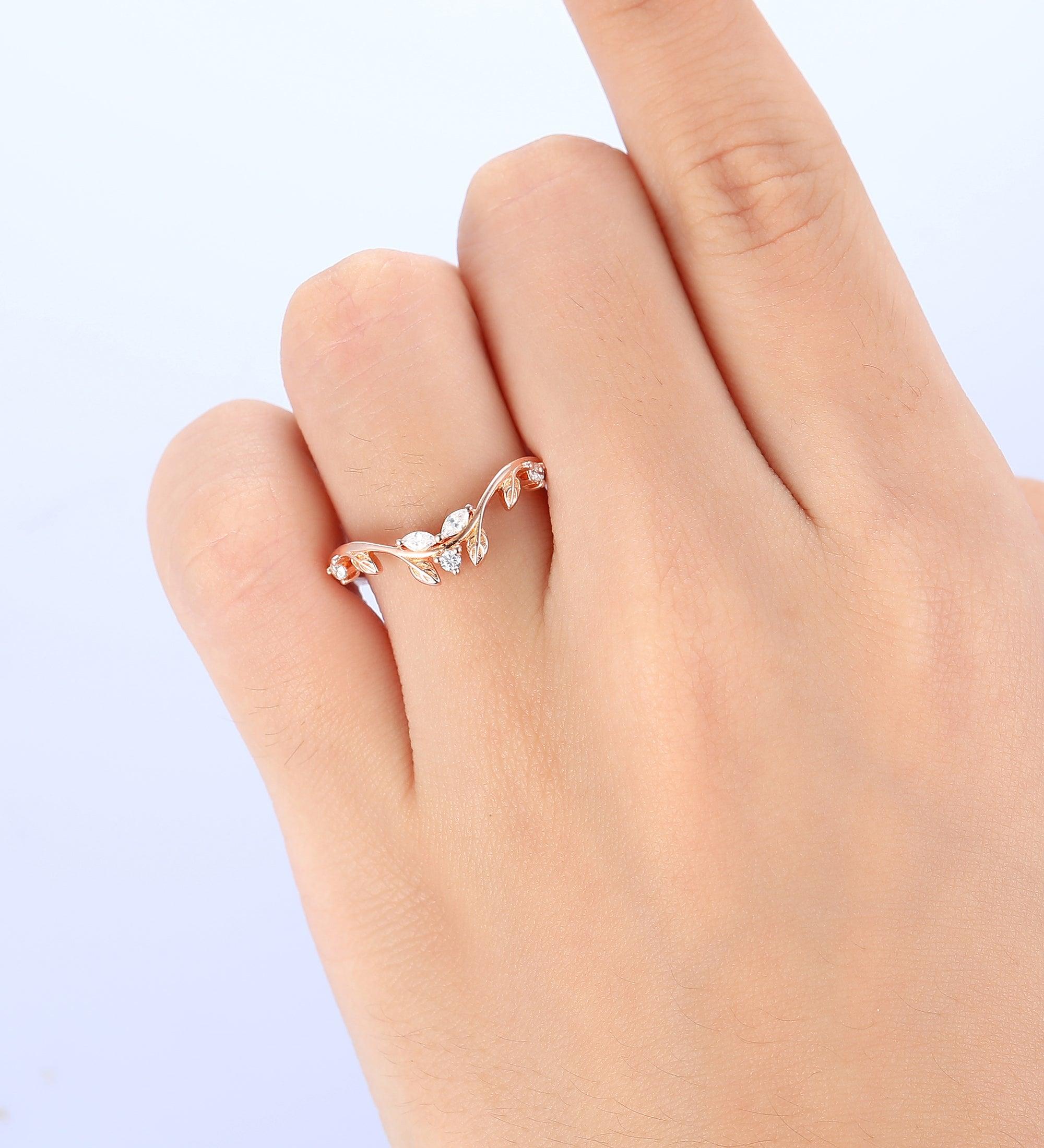 Curved Diamond wedding band Unique leaf ring Rose gold wedding band vintage good matching wedding Stacking vine ring dainty ring gift for women