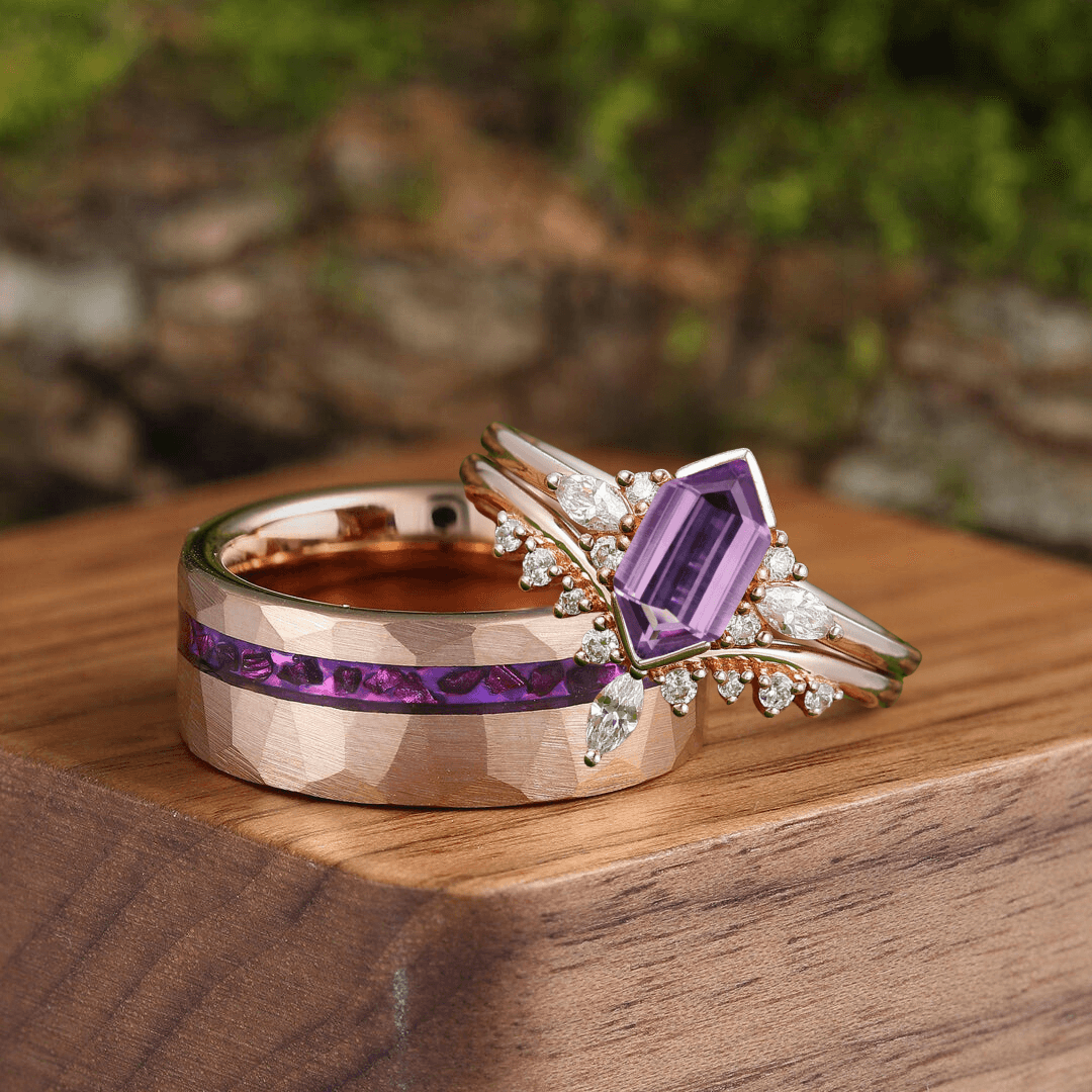 Dainty Long Hexagon Amethyst Engagement Marriage Ring Set Tungsten Matching Promise Couples Ring - Esdomera