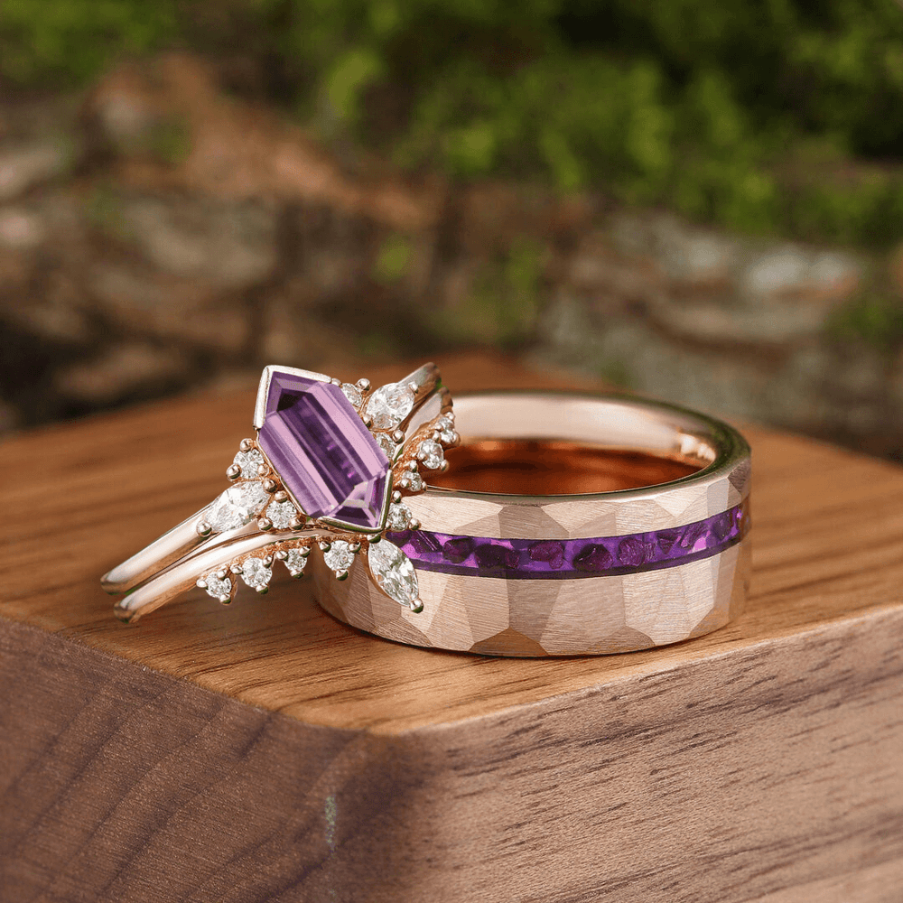 Dainty Long Hexagon Amethyst Engagement Marriage Ring Set Tungsten Matching Promise Couples Ring - Esdomera