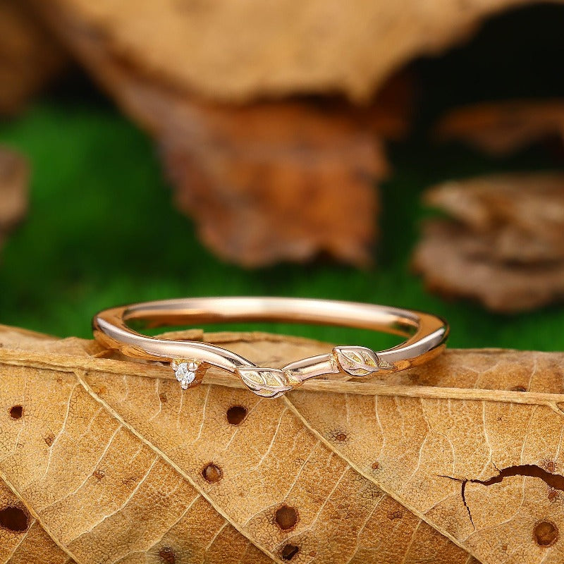 dainty moissanite bridal wedding anniversary band art deco leaf promise ring - Esdomera