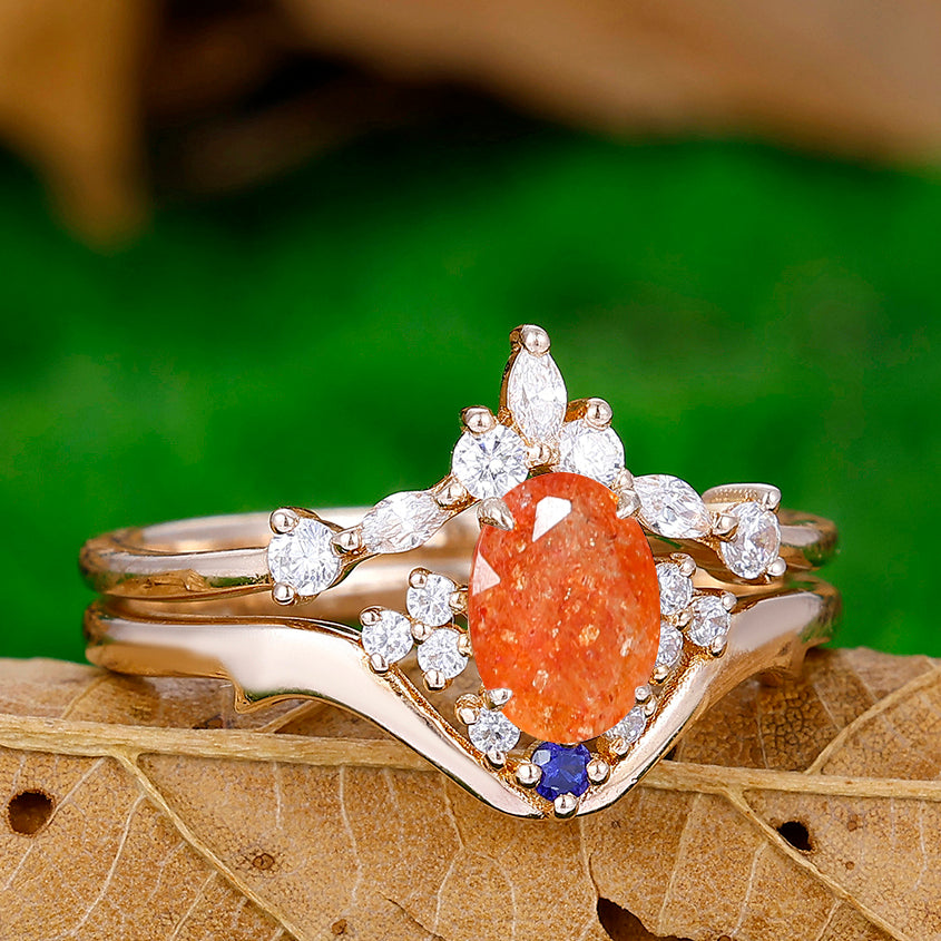 Dainty Orange Sunstone Engagement Rings Set Promise Women Fine Ring - Esdomera