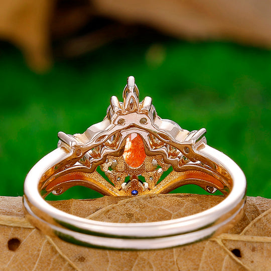 Dainty Orange Sunstone Engagement Rings Set Promise Women Fine Ring - Esdomera