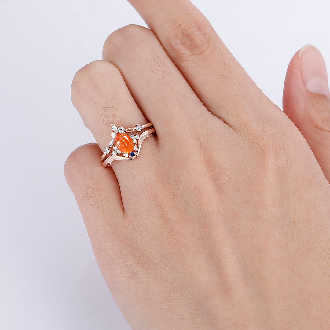 Dainty Orange Sunstone Engagement Rings Set Promise Women Fine Ring - Esdomera