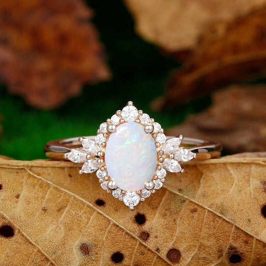 Dainty Oval Cut 1.5CT Opal Engagement Ring Milgrain Halo Moissanite Bridal Anniversary Ring - Esdomera