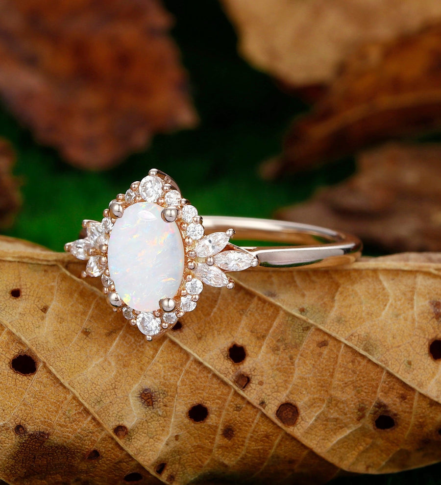 Dainty Oval Cut 1.5CT Opal Engagement Ring Milgrain Halo Moissanite Bridal Anniversary Ring - Esdomera