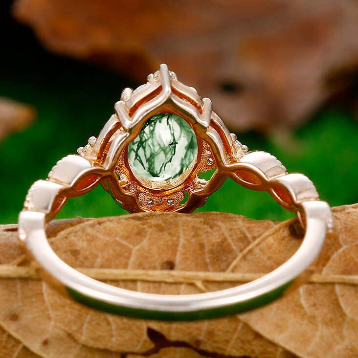 Dainty Oval Cut Moss Agate Engagement Cluster Ring Anniversary Bridal Ring Gift - Esdomera